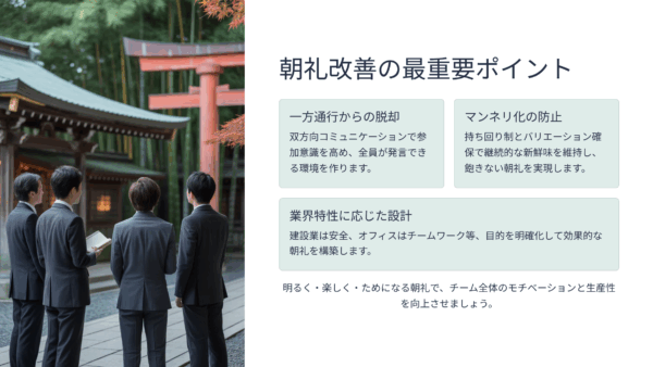 朝礼改善で組織力を向上させる効果的な方法｜マンネリ化を防ぐ8つのポイントと業界別成功事例